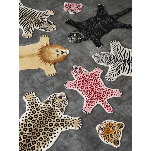 Creative Animal Pattern Handmade Wool Woven Carpet Lion Tiger Cloakroom Mat Childrenroom Area Rug
