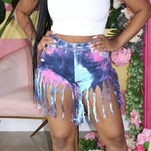 Tie Dye Tassel High Waist Casual Denim Shorts Women 2021 Summer New Cotton Streetwear Short Jeans Lady Plus Size Jeans Shorts