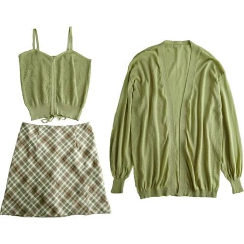 Light Green Women Three Piece Sets 2021 Spring New Cardigan Tops and Thin Sling Plaid Short Skirts 3pcs Suits Female Outfits