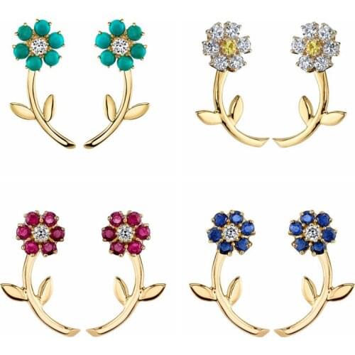 High-Quality 925 Sterling Silver Ear Needle color Flower Stud Earrings White/Rose Red/Blue Zircon Gold Earrings Fashion Jewelry