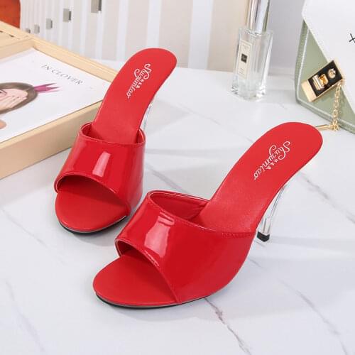 9cm Women Slippers Shoes Candy Color Mules High Heels Summer 2021 Female Slides PU Leather Slippers Ladies Peep Toe Crystal Heel