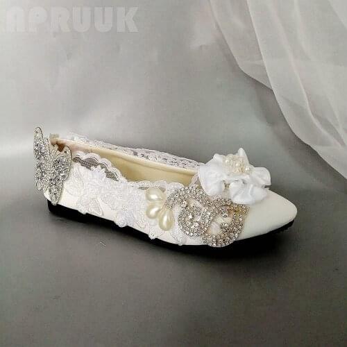 Lace crystal flats shoes woman ladies bridal plus size 41 42 pearl flower crystal decoration brides wedding shoes womens