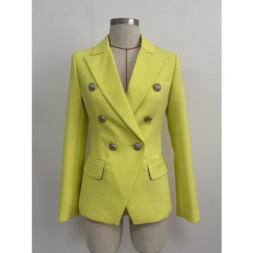 2021 Star New Womens Suit Fashion Double Breasted Lion Head Buckle Slim Yellow Suit Jacket O42