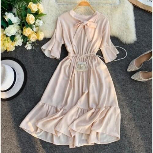 Womens Summer solid color high waist bow collar dress female korean fashion casual summer dress R1101