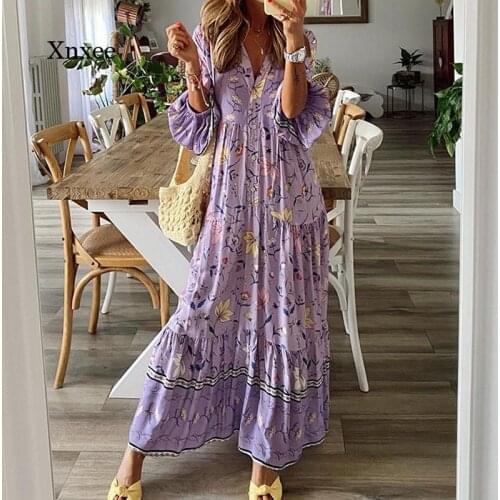 Spring Summer Long Lantern Sleeve Robe Womens 2021 New Fashion Temperament Printed Loose Dress Casual Boho Print Beach Clothing