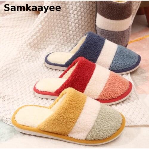 Size 36-45 Women Slippers Mules Clogs Winter Men Slippers Couples Plush Home Shoes Cotton Striped Anti-Skid Slip-On Zapatos Y12