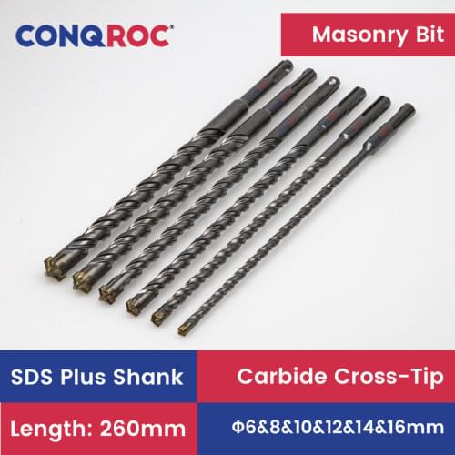 6 Pieces 260mm SDS Plus Masonry Drill Bits Set Multi-Point Carbide-Tipped Hammer Drill Bits Kit 6mm&8mm&10mm&12mm&14mm&16mm