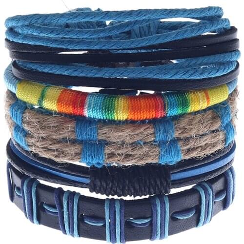 5PCS/Set Handmade Boho Gypsy Hippie Punk Black Royal Navy Blue Knots Leather Layers Stacked Adjustable Bracelets Set Unisex