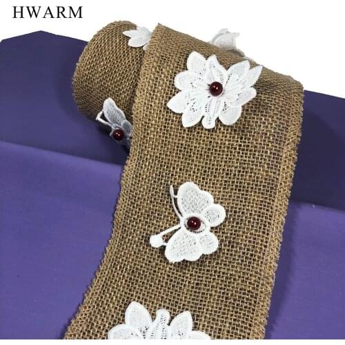 5yard Natural Jute Burlap Lace Hessian Hemp Ribbon With White Flower Butterfly Red Beads Vintage Rustic Wedding Party Christmas