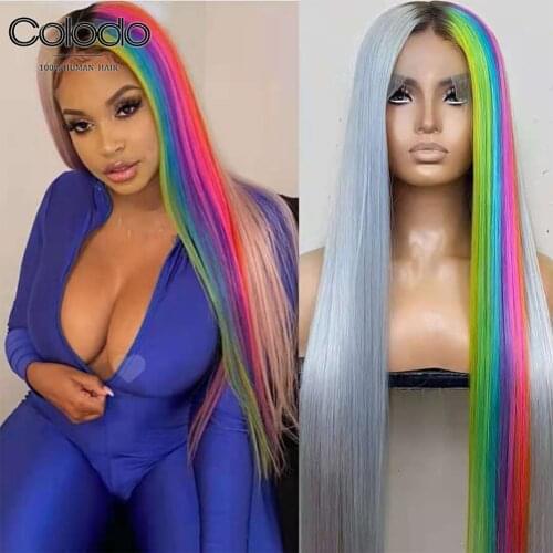 COLODO Rainbow Colored Human Hair Wigs Highlight Grey 613 Blonde Lace Front Human Hair Wigs Straight Transparent Lace Front Wigs
