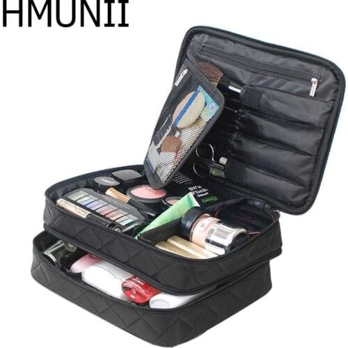 HMUNII Large Capacity Cosmetic Bag Makeup brush Organizer Double Layer Dot Pattern Travel Toiletry Bag Organizer With Mirror