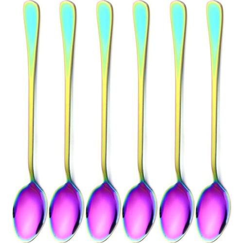 6Pcs/lot Stainless Steel Long-handled Spoon Rainbow Dessert Ice Cream Coffee Spoon Stirring Teaspoons Coffee Spoon Flatware Set
