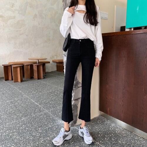 2020 autumn new style black denim flared pants women wide-leg loose high-waisted slim straight nine-split stretch pants