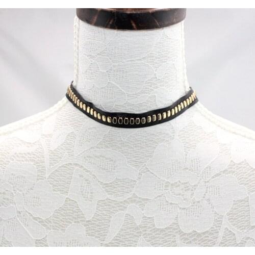 Fashion Black PU Leather Choker Necklace Jewelry Row Copper Bar Insert Shinny Pendant Necklaces for Women