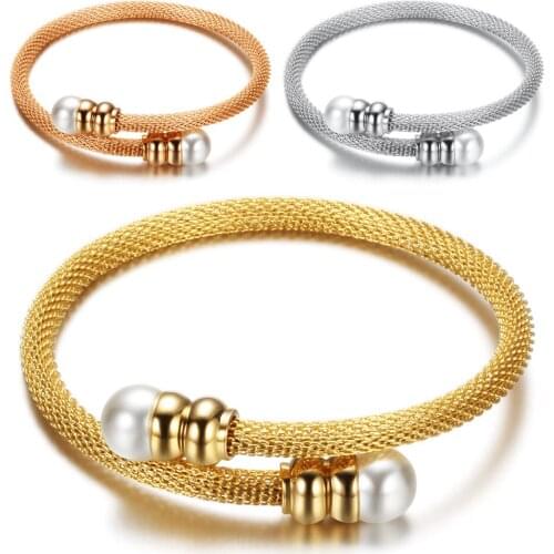 Fashion Pearl Jewelry Hot Sale New Women Cable Bangles Gold 316l Stainless Steel Bracelets Bangles
