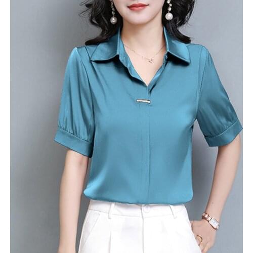 New Satin Plus Size Women Soft 3XL Turndown Collar Summer Office Lady Shirts Workwear Female Blusa Vintage Tops Beading Blouses
