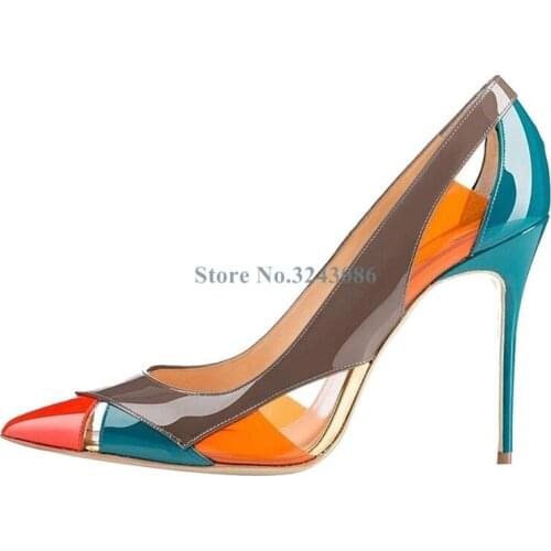 New Fashion Contrast Color Shallow Stiletto Heels Shoes Pointed Toe Patent Leather Suede Patchwork Colorful Thin High Heel Pumps