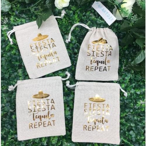 Personalize Fiesta wedding Bachelorette Hangover recovery Survival kit favor Muslin bags bridal shower party goodie pouches
