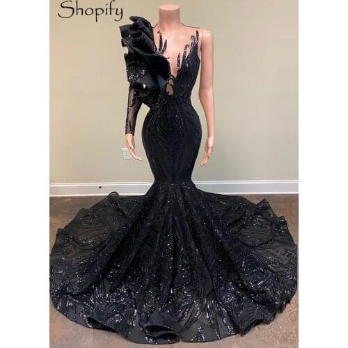 Sexy Long Elegant Prom Dresses 2021 Mermaid Style Single Long Sleeve Blak Sequin African Girl Gala Prom Party