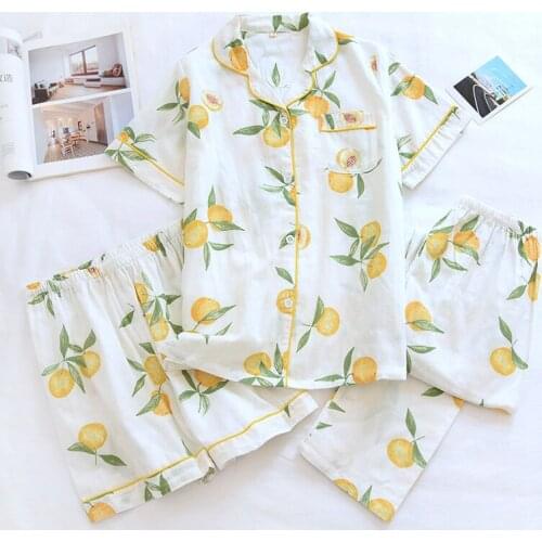 Japanese Cartoon Print 100% Cotton Womens Pajamas Three-piece V-neck Short-sleeved Trousers Suit Big Size Comfortable Sleepwear