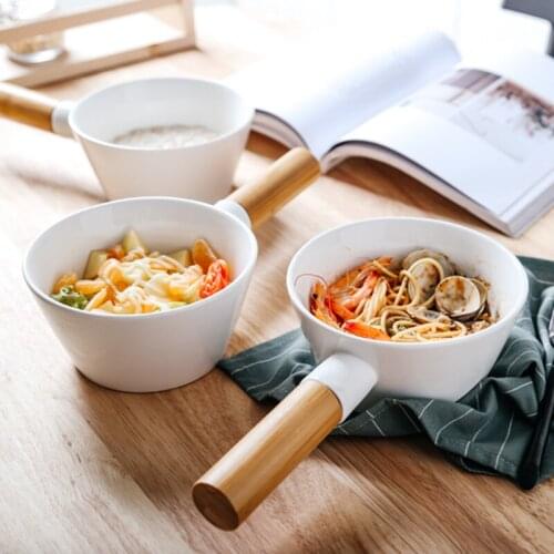 Simple white anti-scalding instant noodle soup bowl Japanese ceramic bowl wood handle creative household tableware