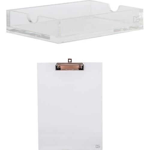 Clear Gold Toned Acrylic Clipboard + Clear Acrylic Memo Pad Note Holder desk kit