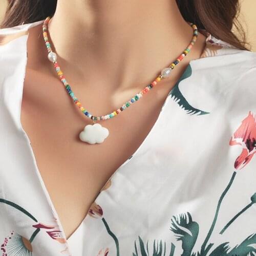 Rainbow color beaded cloud necklaces for teenage egirls multicolor boho beach summer braided necklaces y2k jewelry kawaii