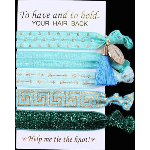 HT-5-038-10sets(50pcs) 5/8" printed FOE ribbon hair ties elastic with pocket watch tassels Hair Accessories FOE ribbon