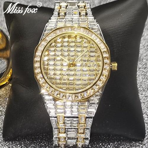 Montre Homme Luxe MISSFOX Luxury Baguette Designer Mens Watch With Wide Strap Royal Diamond Dropshipping Hand AAA Clock For Men