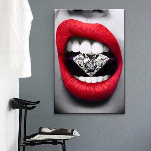 Sexy Beauty Red Lip with Diamond Canvas Painting Posters and Prints Wall Art for Living Room Home Decor
