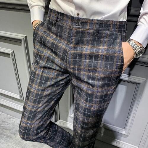 Slim Fit Pants Fashion Lattice Suit Pant Erkek Pantolon Skinny Fit Moda Masculina Office Pants Men 2020 Spring Dress Pant