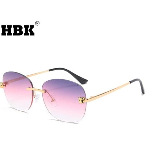 HBK Fashion Rimless Round Sunglasses Women Men 2021 New Brand Design Gold Tea Luxury Frameless Shades Travel Eyewear UV400