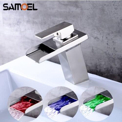 Modern Brass Deck Mounted Brushed Nickel LED Color Changing Bathroom Waterfall Faucet Mixer 3-Color Basin Water Tap NL719