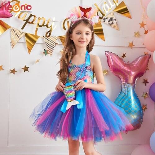 Children Mermaid Birthday Outfit Girls Mermaid Tutu Dress with Headpiece Under The Sea Fish Scales Kids Party Vestidos Dresses