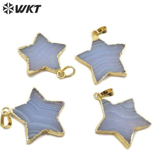 WT-P1448 Wholesale slice blue gate star shape pendant with Gold trim natural blue color stone pendant