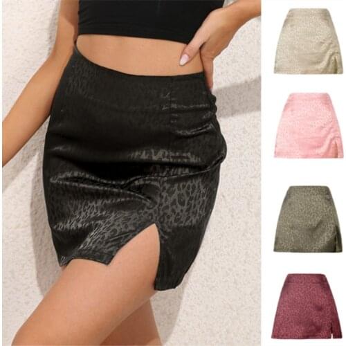2021 Summer Leopard High Waist Split Skirt Sexy Jacquard Satin Zipper Skirt European American Womens Wear Girl Black