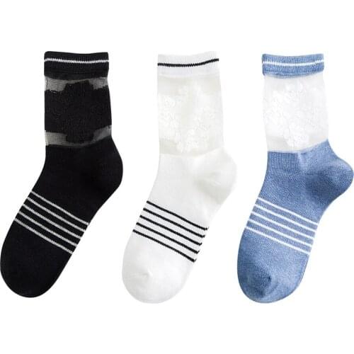 Women Cotton Sock Lace Mesh Cute Patchwork Heap Crew Crystal Fashion Spring Summer Striped Casual Street