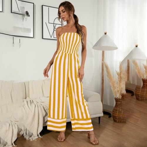 2021 Summer Loose Strapless Flare Pants Striped Casual Women Full Length Jumpsuits