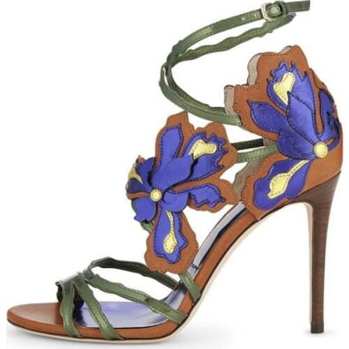Moraima Snc Summer Vine Flower Leather Sandals Woman Sexy Open Toe High Heel Shoes Ankle Strap Gladiator Dress Shoes