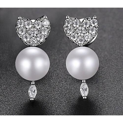 Fashion Women Heart Shaped Zircon Pearl Ear Stud Earrings Jewelry Crystal Evening Party Casual Prom Bridal Wedding Accessory