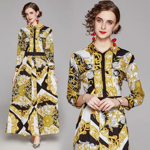 New Spring Summer Fall Autumn Runway Vintage Floral Print Collar Long Sleeve Women Ladies Party Casual A-Line Maxi Beach Dress