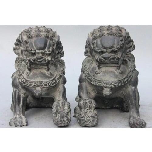 Free shipping Chinese Bronze Copper Feng Shui Evil Guard Foo Dog Lion Kylin Beasr Pair Statue 0217