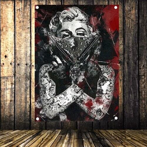 Cowgirl holding a gun Wall Art Canvas Painting Banner Tapestry Marilyn Monroe Poster American Flag Mural for wall Decoration