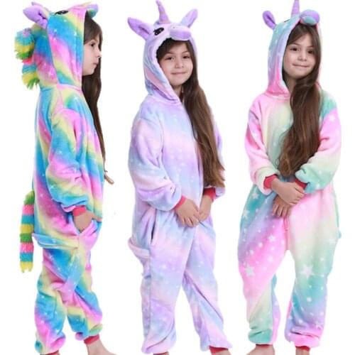 Kids Unicorn Pajamas Children Girl Animal Warm Hooded Kigurumi Boy Blanket Sleeper Cartoon Flannel Winter Sleepwear 4-12 Years