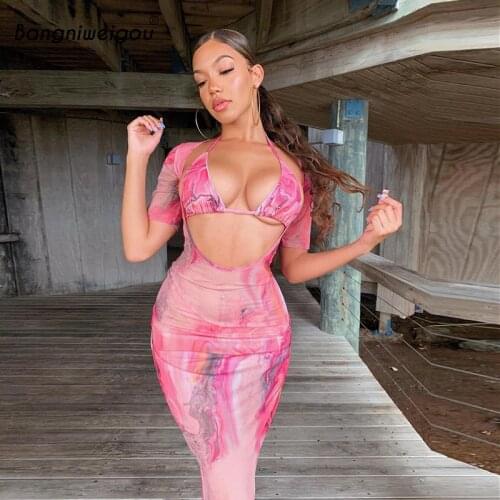 Bangniweigou printed bra + dress two piece set women sexy mesh see through beach maxi dress suits hollow out 2 piece sets