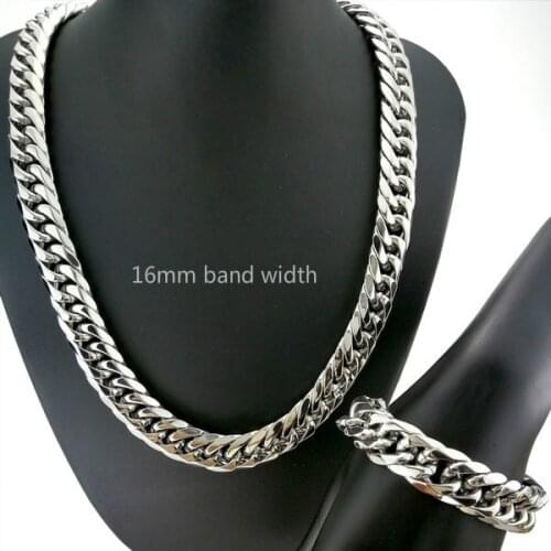16mm width Heavy Sets necklace + Bracelet All polished Classic mens Necklace 316L Stainless Steel N342 B192 silver tone