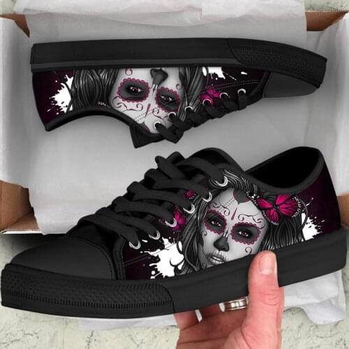 ELVISWORDS Drop Shipping Womens Shoes Casual Sneakers Fashion Skull Day of the Dead Gothic Girls Vulcanized Canvas Shoes Woman