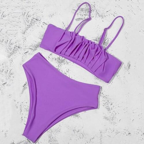 Bandeau push up swimsuit women Sexy solid fold bikini set High waist swimwear women Sport bathing suit Vintage beachwear