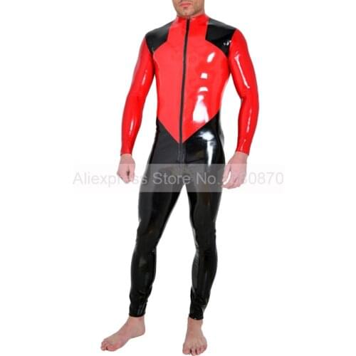 Latex Tight Catsuit Two Colors Black and Red Latex Men Male Jumpsuit with Front Zip Rubber Zentai Bodysuit S-LCM152