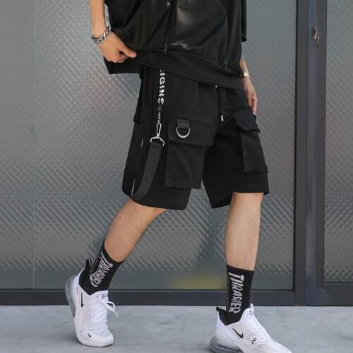 Hip Hop Summer Shorts Men 2020 Black Ribbons Streetwear Bermuda Man Shorts Multi-pocket Punk Casual Knee Length Short Pants Men